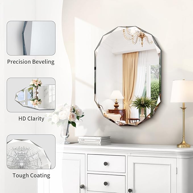 GLASHOM Beveled Edge Frameless Bathroom Mirror, Oval Wall Mirror - Image 3