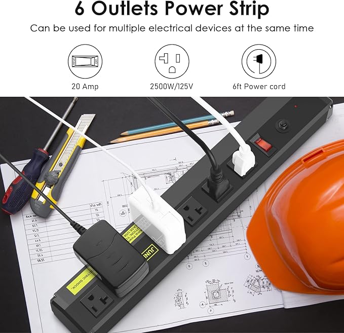JUNNUJ Heavy Duty Metal Power Strip 20 Amp, High Amp Surge Protector 6 Outlet - Image 3