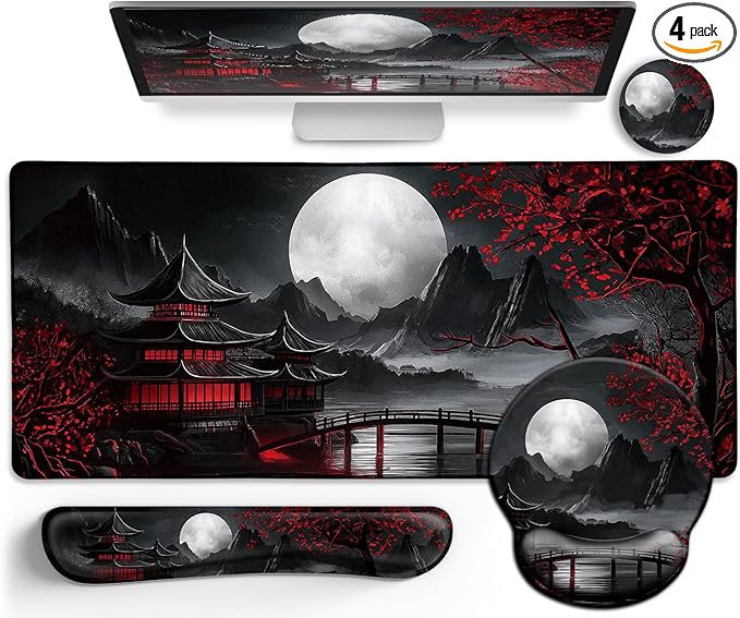 LIMKRIAN Japanese Mouse Pad Large Desk Mat Set, XXL Anime Full Moon Ergonomic by LIMKRIAN