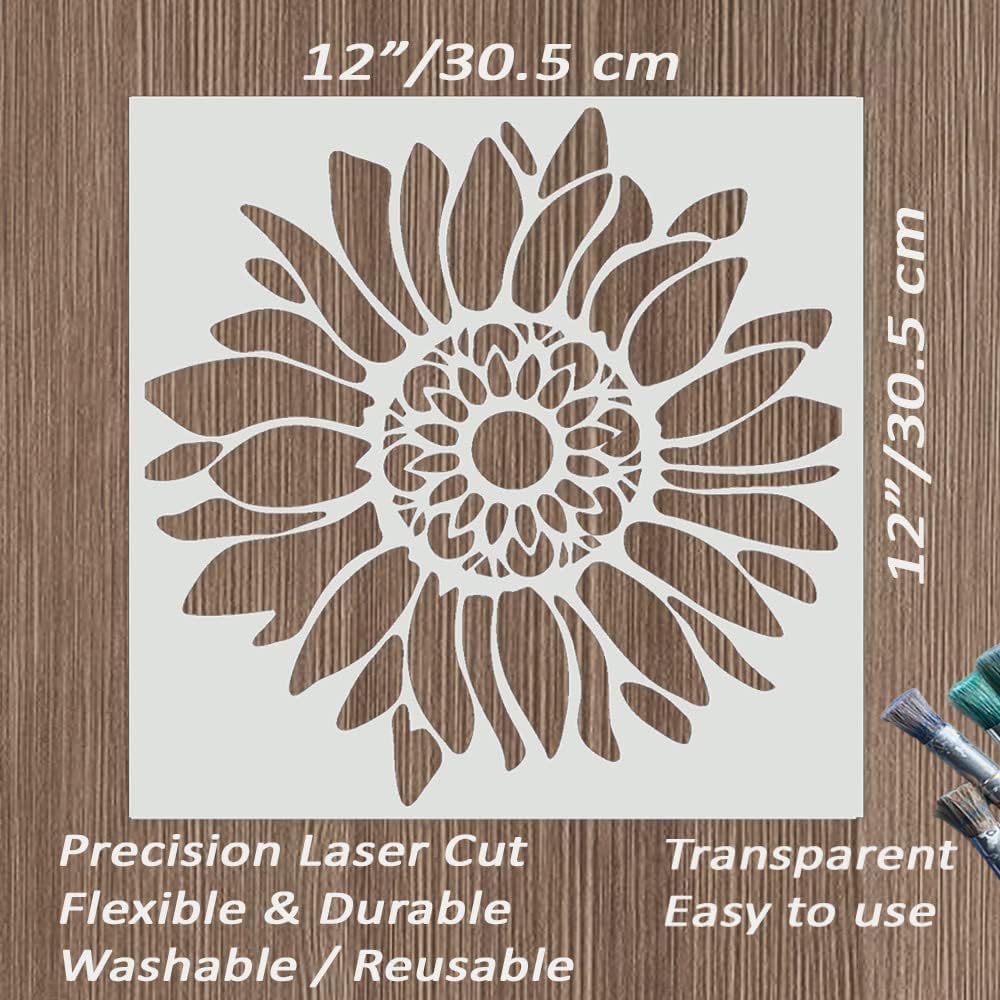 12x12 Inch Boho Sunflower Stencil for Painting on Wood, Canvas, Paper, Fabric and Furniture - Reusable Floral Craft Stencils - Large Flower Stencils - Wall Stencil for Painting Large Pattern