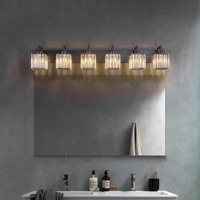 FDPBY Black Bathroom Light Fixture, 6-Light Crystal Vanity Lighting, Bathroom - Image 2