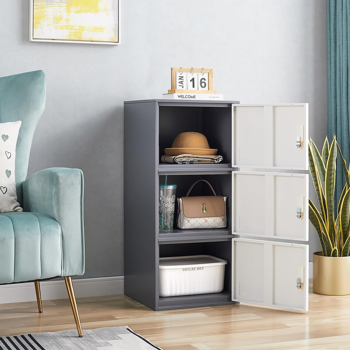 3 door metal locker steel storage cabinet, office showing dimensions