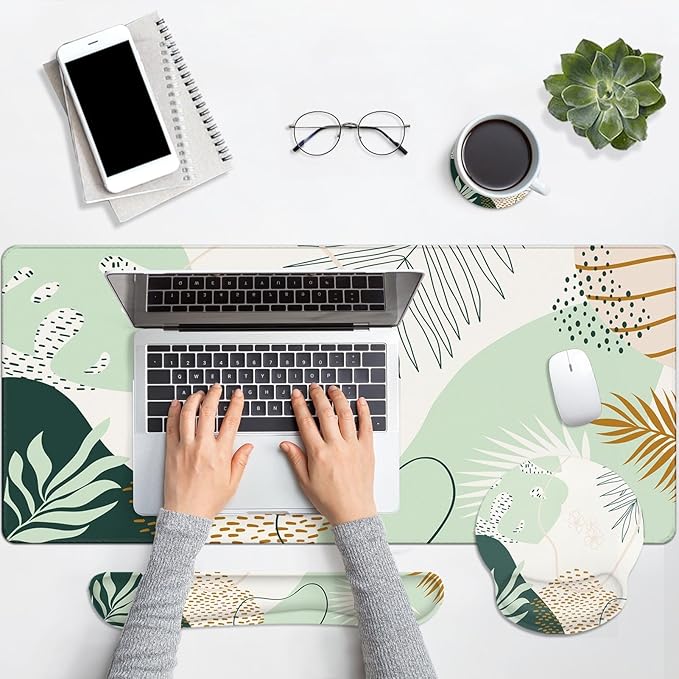 Britimes Green Boho Leaves Keyboard Mouse Pad Set 4in1 Large Mousepad+Keyboard - Image 6
