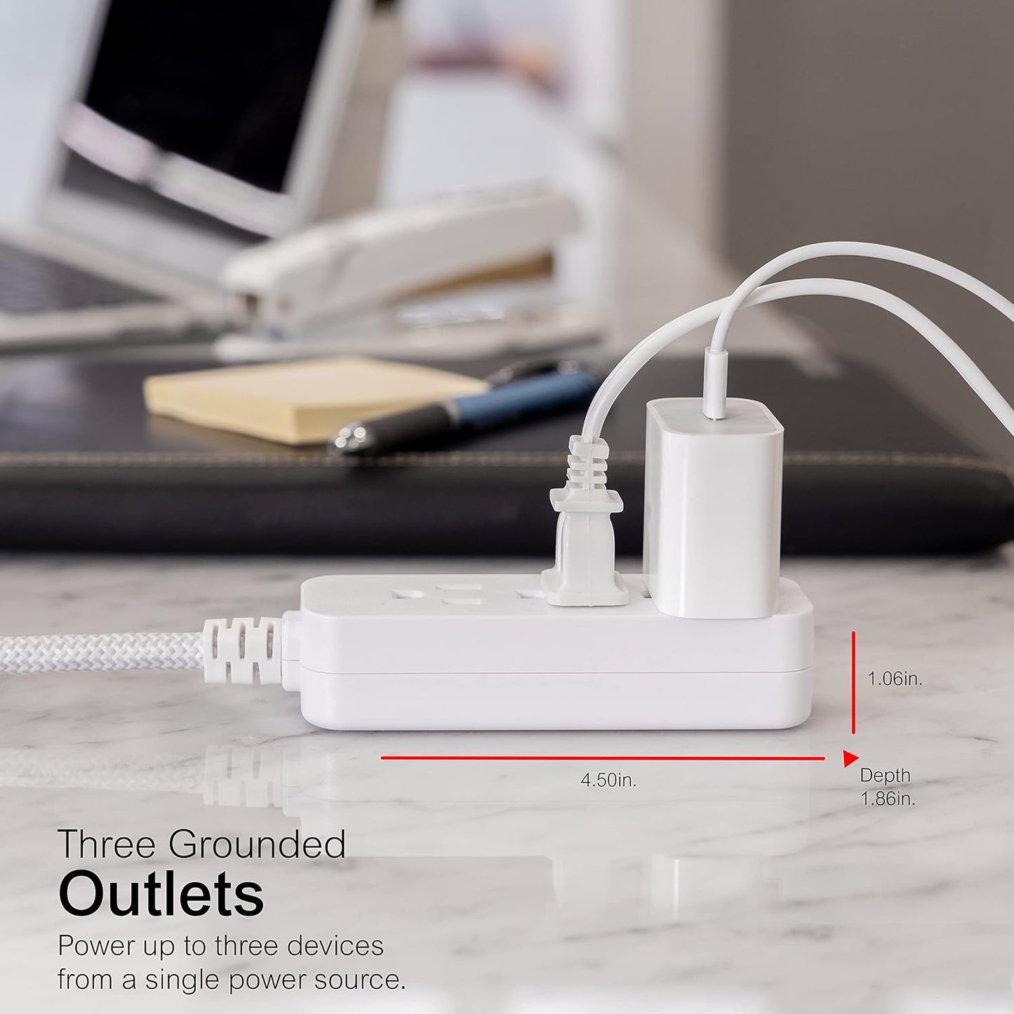 GE 3-Outlet Power Strip Surge Protector, 8 Ft Braided Extension Cord
