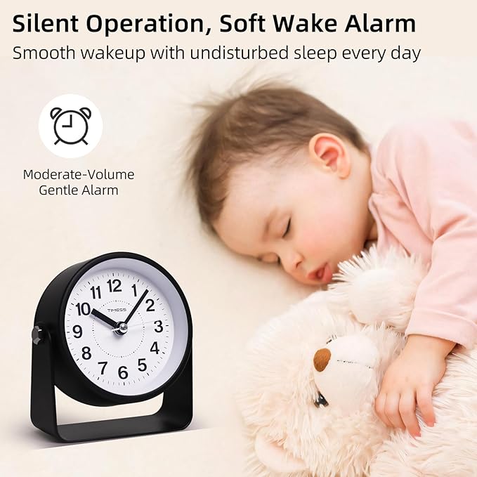 TIMESS Analog Alarm Clock, Silent Non-Ticking Quartz Movement, Battery-Operated - Image 6