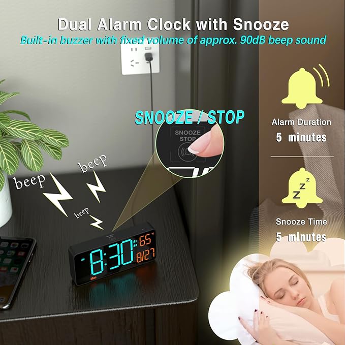 KOSUMOSU Digital Clock for Bedroom 6.7in Alarm Clocks for Living Room, Auto - Image 4