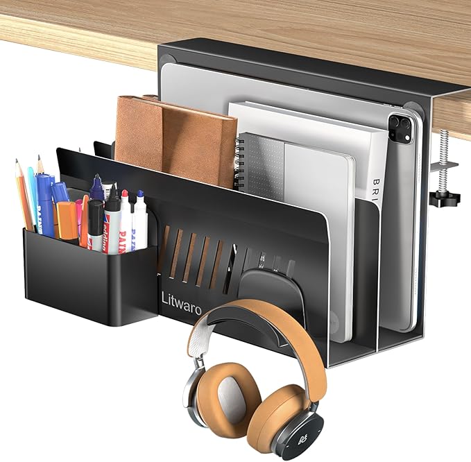 Litwaro Desk Side Storage Organizer, 2 Tier Laptop Holder Clamp on Desk by Litwaro