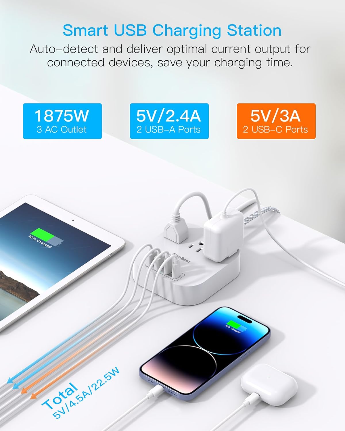 One Beat Power Strip with USB C, 3 Outlets 4 USB Ports (22.5W/4.5A), 6ft | Desktop Charging Station, Flat Plug, Braided Extension Cord, Non Surge Protector for Travel, Cruise Ship, ETL Listed