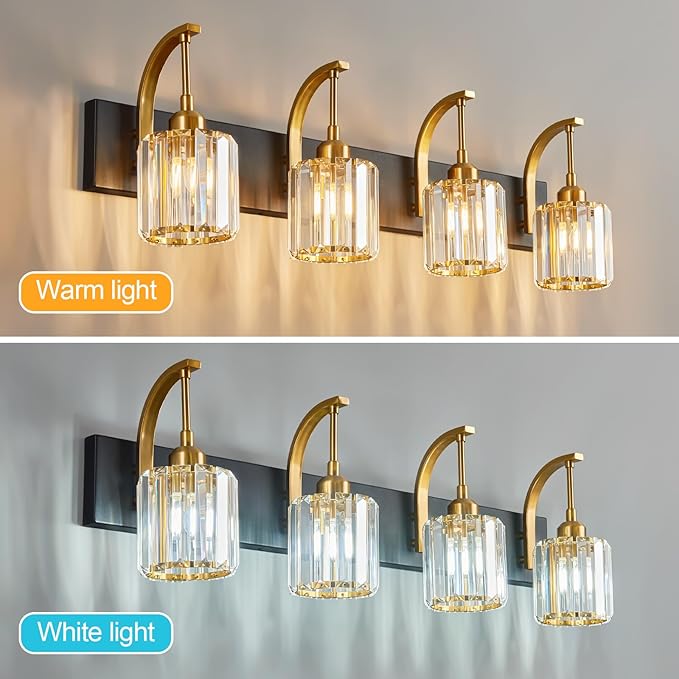FDPBY 4-Light Crystal Vanity Light, Modern Black Gold Bathroom Wall Sconce - Image 2