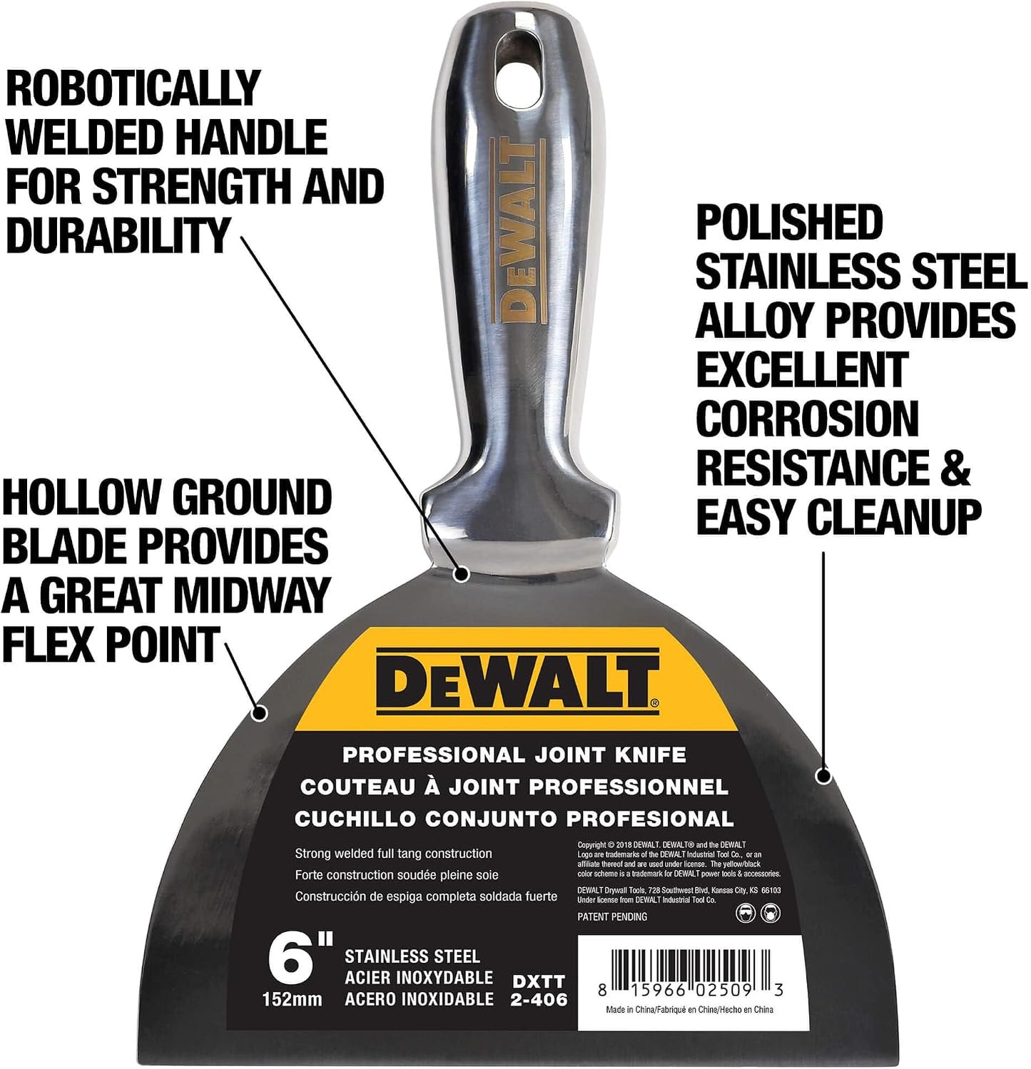 DEWALT 6" All Stainless Steel Joint Knife | One-Piece Premium Polished Metal Putty Blade | 2-406