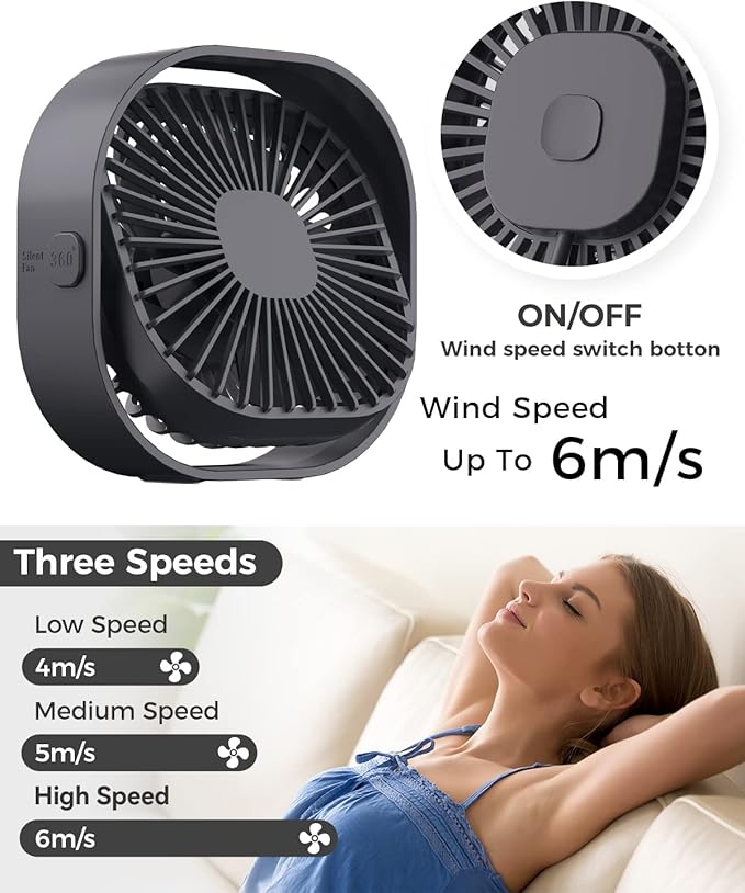 RJVW 4 Inch Small USB Desk Fan, 3-Speed Portable & 360°Rotatable Mini Cooling - Image 4