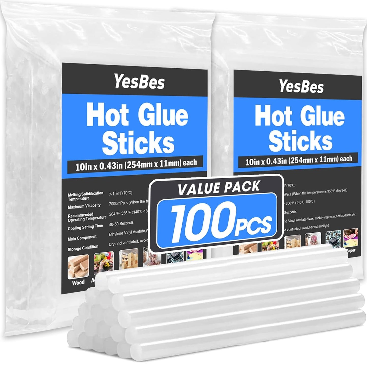 YesBes 100 Pack Full Size Clear Hot Glue Sticks, 10" Long x 0.43" Diameter, EVA Polymer, Ideal for Wood, Metal, Glass, Plastic, Fabric, Leather, Foam, and More
