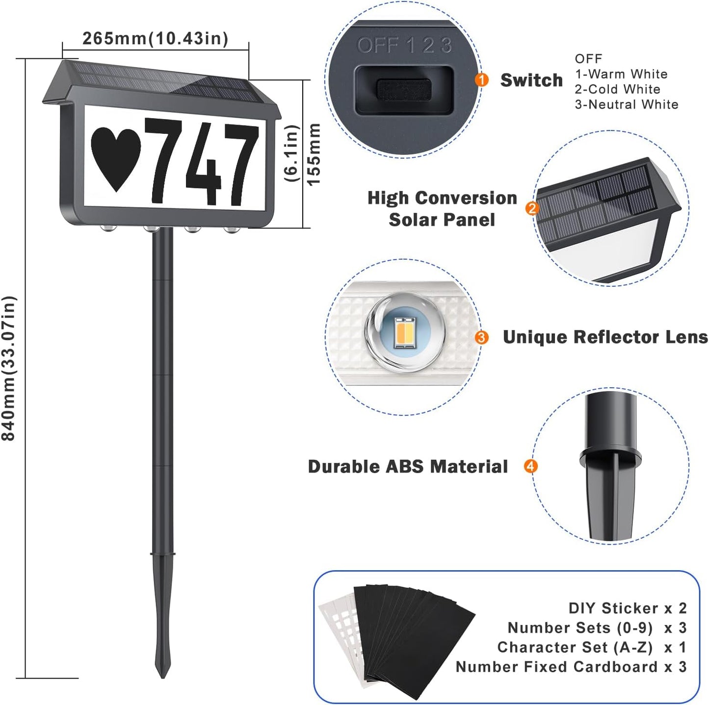 Solar Address Signs, House Number for Outside Waterproof, 3-Color LED Illuminated Address Plaques with Stake, Wall Mounted Solar Powered Light Up Address Numbers for Houses, 1-Pack, Grey