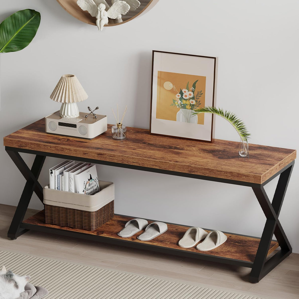 ibf rustic entryway bench with storage, rustic brown, main product view