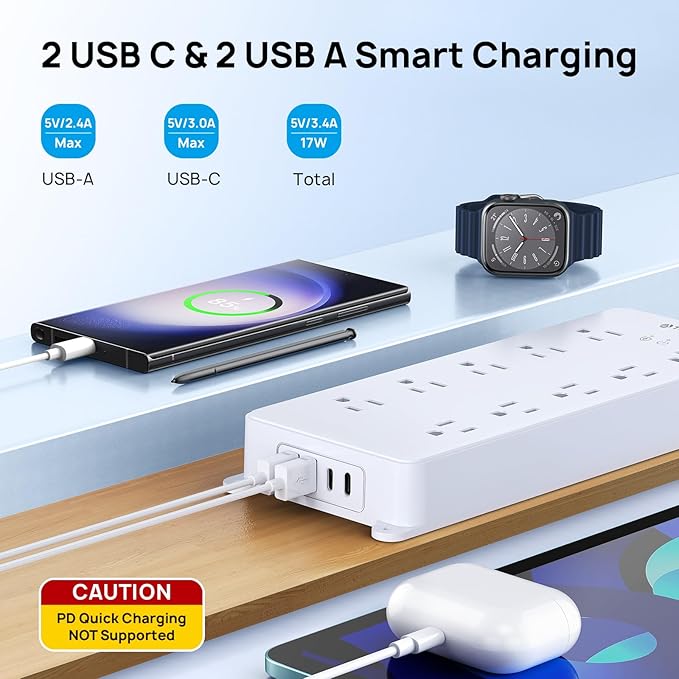 TROND Surge Protector Power Strip, Flat Plug 15ft Long Extension Cord, 10 - Image 3