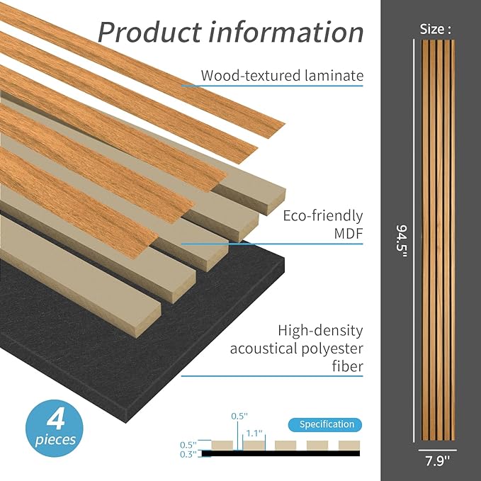 Art3d 4 Pieces 94.5" x 7.9" Acoustic Slat Wood Wall and Ceiling Panels - Image 5