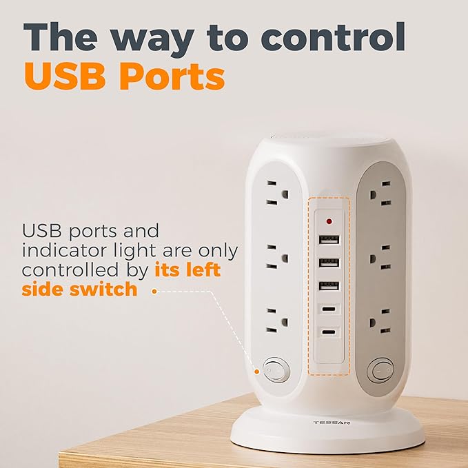 TESSAN Tower Power Strip with Individual Switches, Surge Protector with 12 - Image 2