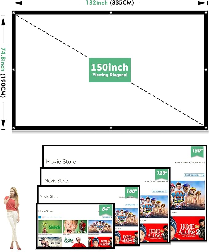 Projector Screen 150 inch, Taotique 4K Movie Projector Screen 16:9 HD Foldable - Image 6