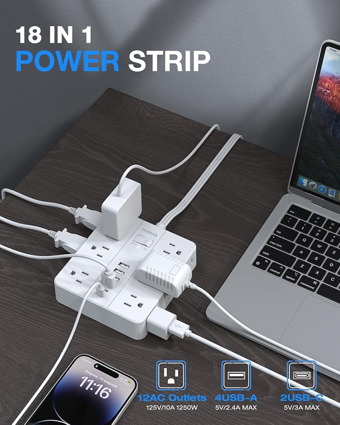 Surge Protector Power Strip 15 Ft Cord, HUNIAN Flat Plug Extension Cord - Image 2