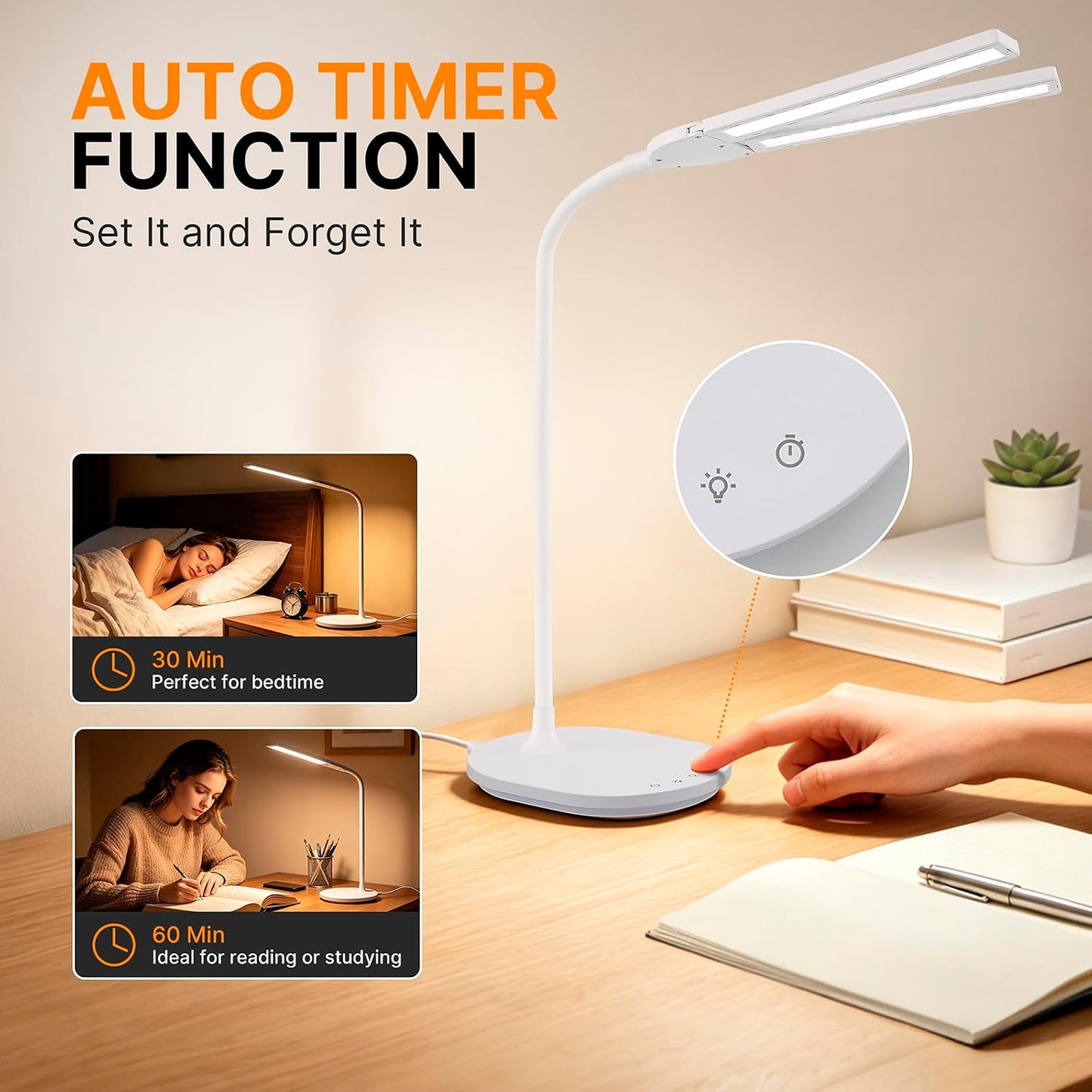 LED Desk Lamp, 2400 Lux Bright Desk Lamp for Home Office, Dual Head Adjustable Desk Lamp with 5 Color Modes, Stepless Dimming, 360° Gooseneck, Auto Timer, Eye Caring Task Light