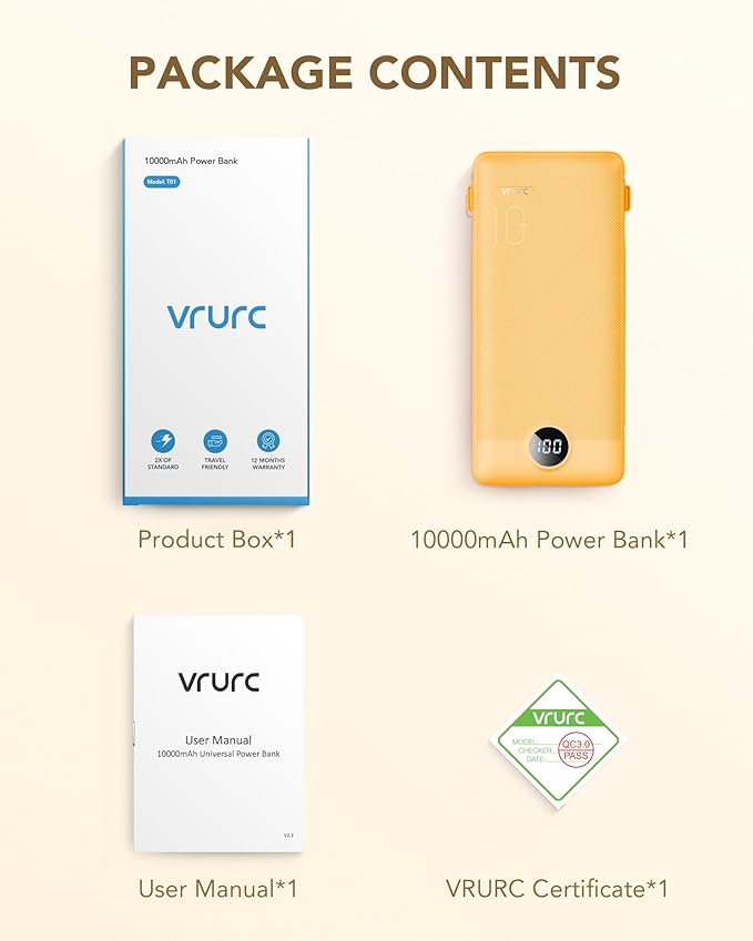 VRURC Portable Charger Built-in Cables and AC Wall Plug, USB C Power Bank - Image 8