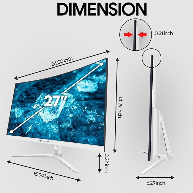 CRUA 27" Curved White Monitor, Full HD VA Panel 1800R 100HZ 120% sRGB - Image 7