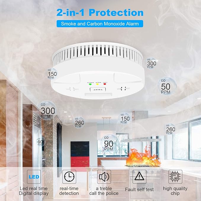 Combination Smoke Carbon Monoxide Alarm Detector Powered by Battery, Dual Alarm - Image 4