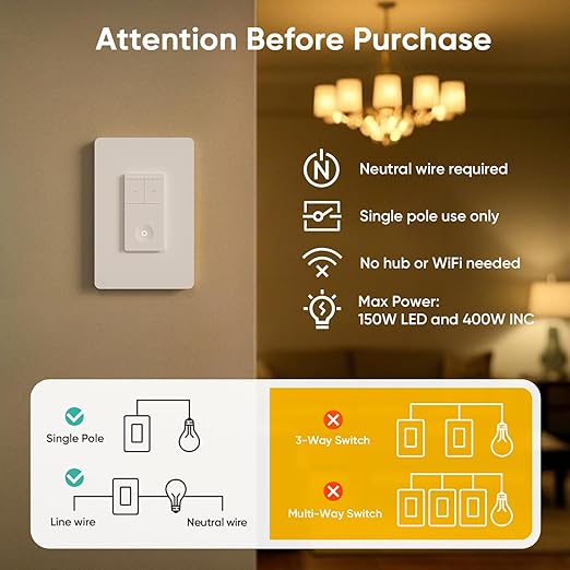 TREATLIFE Dimmer Switch with Magnetic Remote, Wireless Light Switch, Single - Image 2