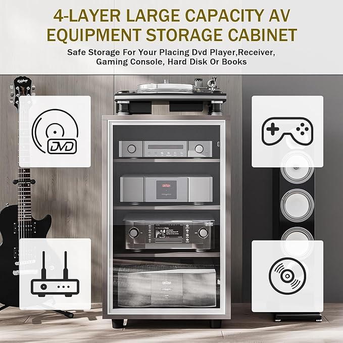 Media Storage Cabinet with Tempered Glass Door, 3 Adjustable Shelves Stereo - Image 7