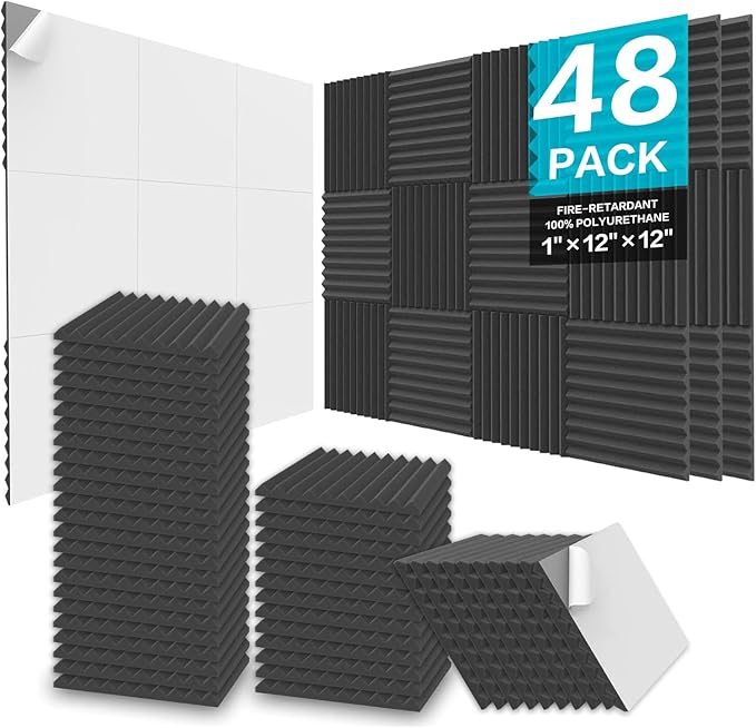JBER Acoustic Foam Panels, 48 Pack 12x12x1 Inch Upgraded Self-Adhesive by JBER