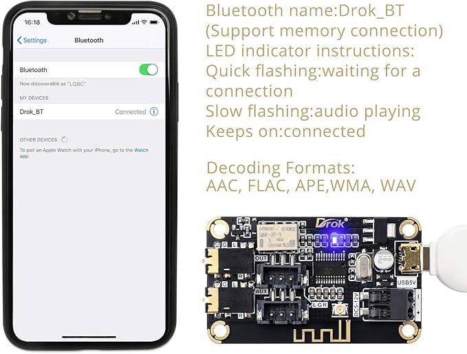 DROK Blue~Tooth Board, 12V Audio Receiver Blue~Tooth Module DC 5V-12V Portable - Image 4