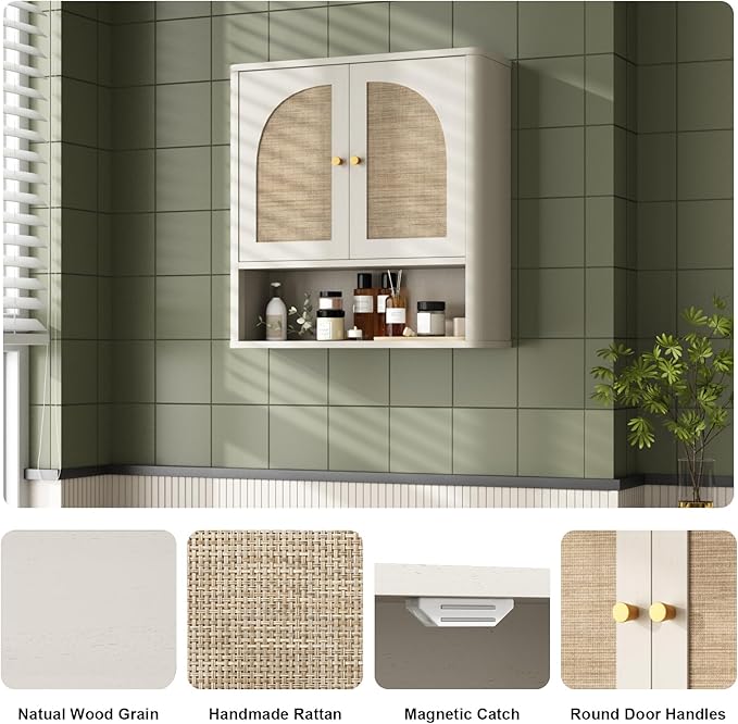 RUSTOWN Rattan Bathroom Wall Cabinet, Over The Toilet Storage Cabinets - Image 3
