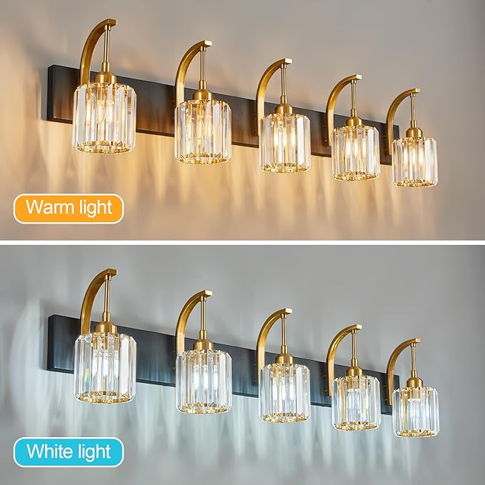 FDPBY 5-Light Crystal Vanity Light, Modern Black Gold Bathroom Wall Sconce - Image 2