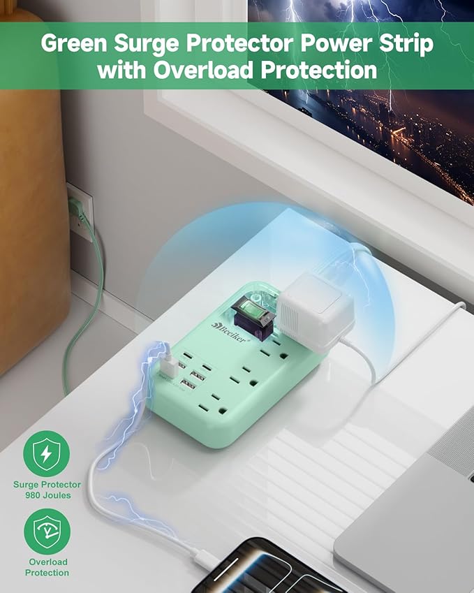6 USB Green Travel Power Strip- 5Ft Green Extension Cord - Image 6