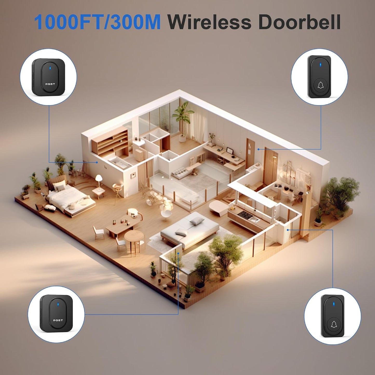 PGST Wireless Doorbell for Home,1000Ft Range & 36 Chimes Battery Doorbell | Works Right Out of the Box,Easy installation,7-Level Volume Control,Waterproof Door Bell,Memory Function,for Home/Kids/Office