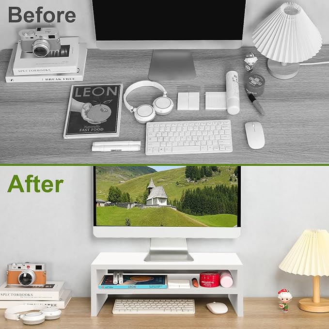 TEAMIX 2 Tier White Monitor Riser Stand, Wood Desktop Stand - Image 6