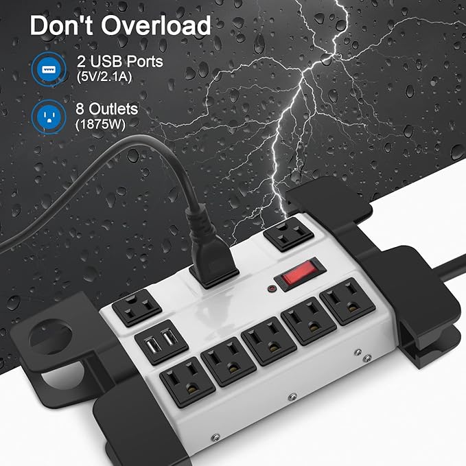 Heavy Duty Power Strip with USB, Workshop 8 Outlet Surge Protector 2700 Joules - Image 2