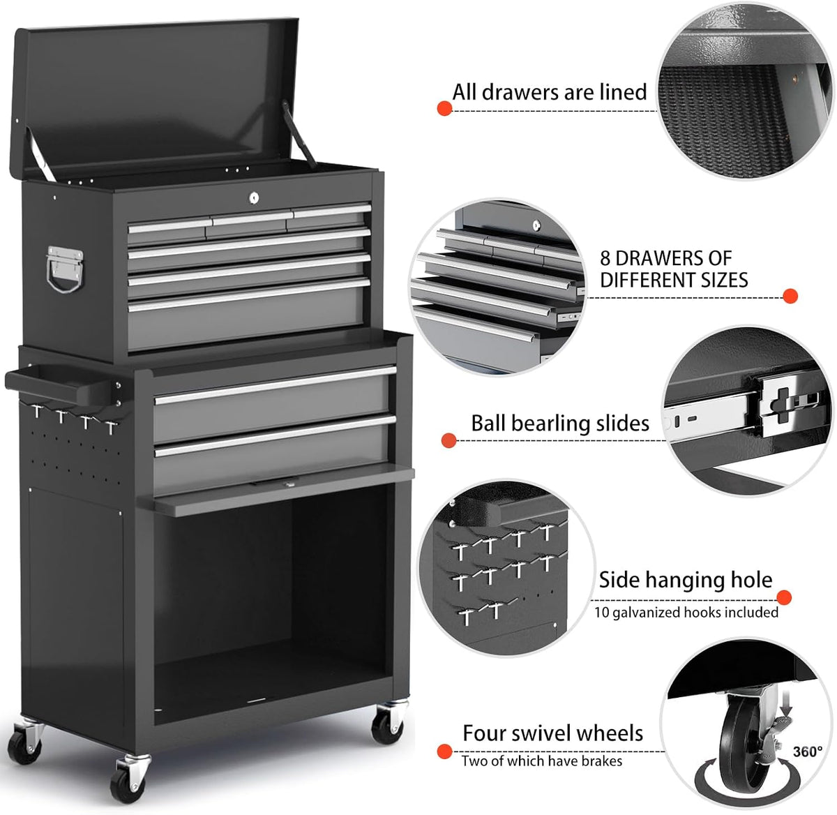 airaj tool chest 8-drawers, 42'' large rolling tool shown in use