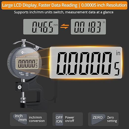 Neoteck Digital Thickness Gauge 0.5inch/12.7mm, 0.00005inch/0.001mm LCD Display - Image 3