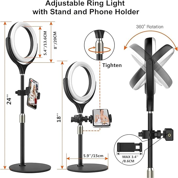 8 inch Desk Ring Light with Stand, Adjustable Computer Circle Light - Image 5