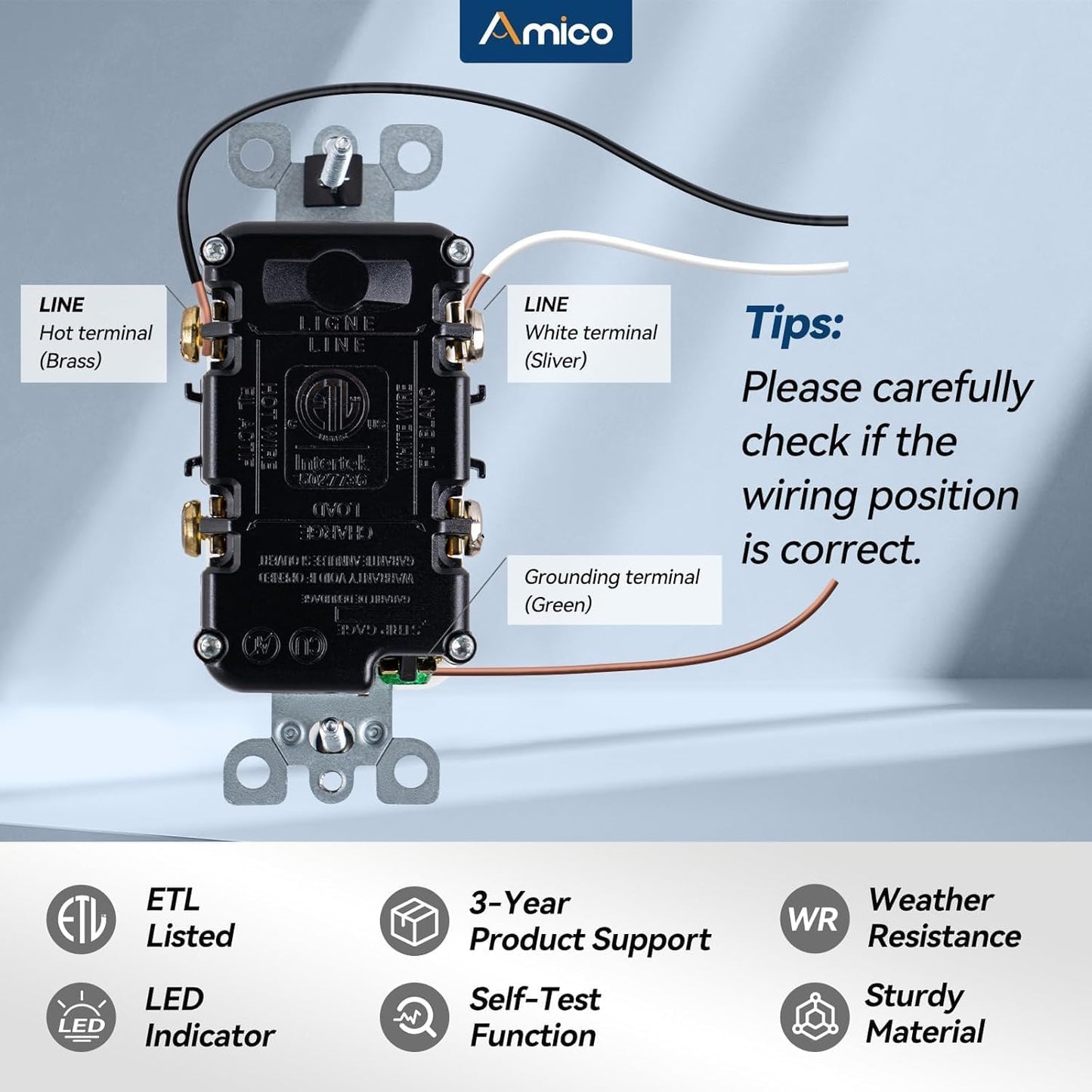 Amico GFCI Outlet 20 Amp, 12 Pack, White, Weather Resistant(WR) | ETL listed, self-test with LED indicator, thinner design, indoor or outdoor, plates and screws included