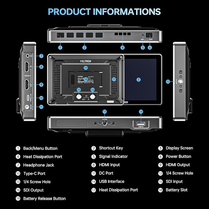 VILTROX DC-L2 7 inch SDI Camera Monitor, 1280x800 IPS HD Touch Screen Camera - Image 8