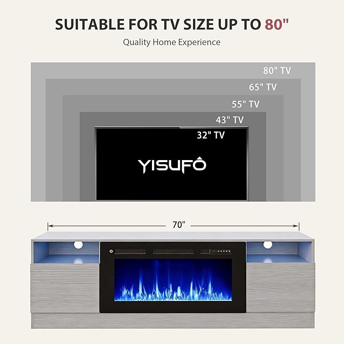YISUFO 70" TV Stand with 36" Electric Fireplace, Large Modern Media - Image 6