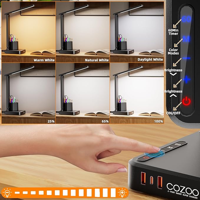 LED Desk Lamp with 3 USB Charging Ports 1 AC Outlet Small Table Lamp - Image 4
