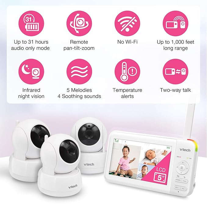 VTech Video Baby Monitor with 5" LCD Screen, Night Vision, 1000ft Range - Image 2
