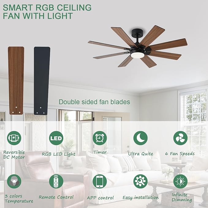 KNUN 48 Inch Ceiling Fans with Lights and Remote/APP Control, Low Profile - Image 2