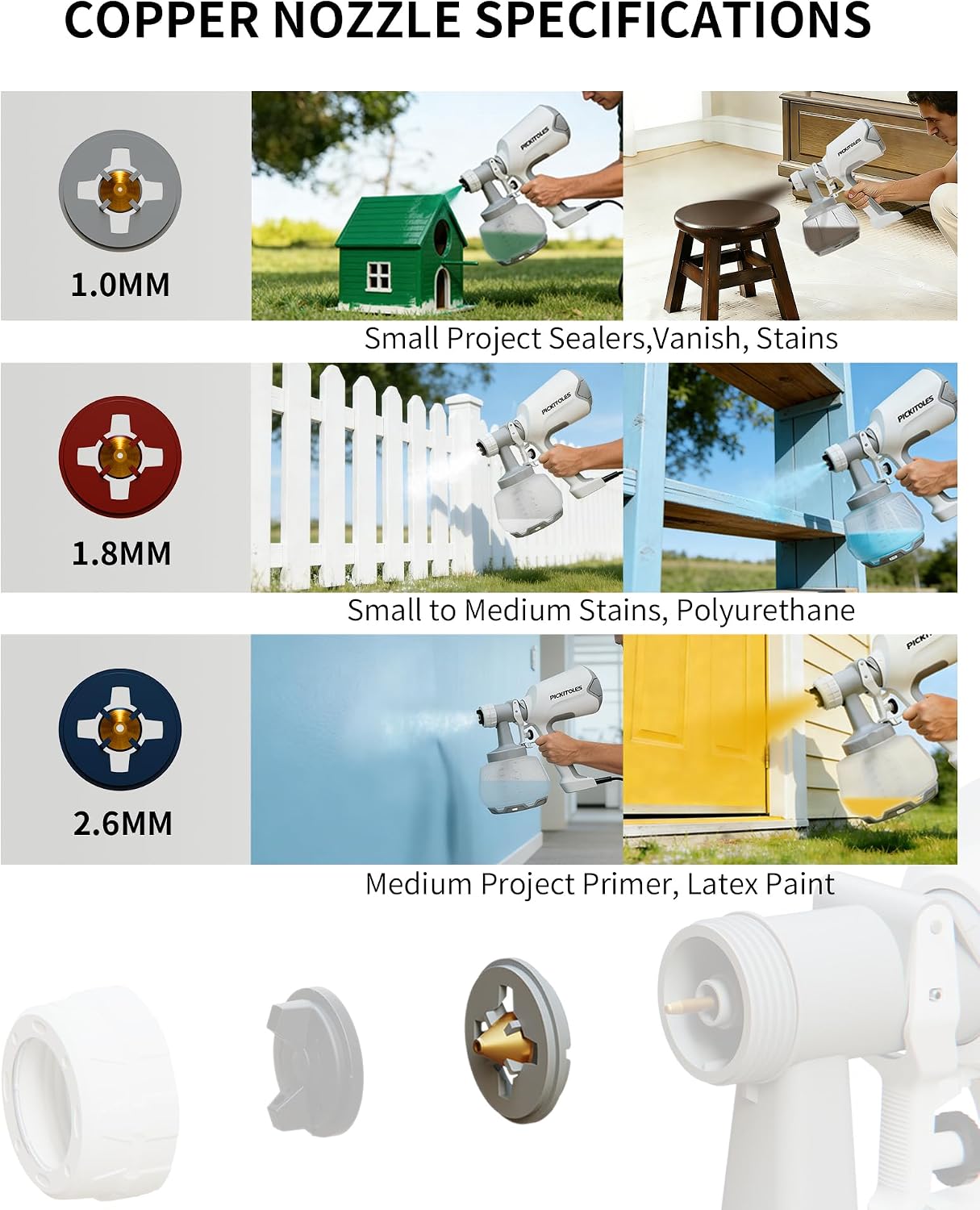 PICKITOLES Paint Sprayer,HVLP Paint Sprayer,Electric Spray Gun with 3 Patterns & 1400ML,for Latex Paint,Stain,Furniture,Cabinet,Wall,House Painting,Garden & DIY,Complete Cleaning Kit,Lunar Grey