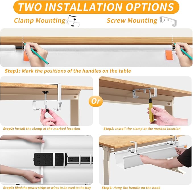SUREUP9 No Drill Under Desk Cable Management Tray, Fabric Cable Management - Image 7