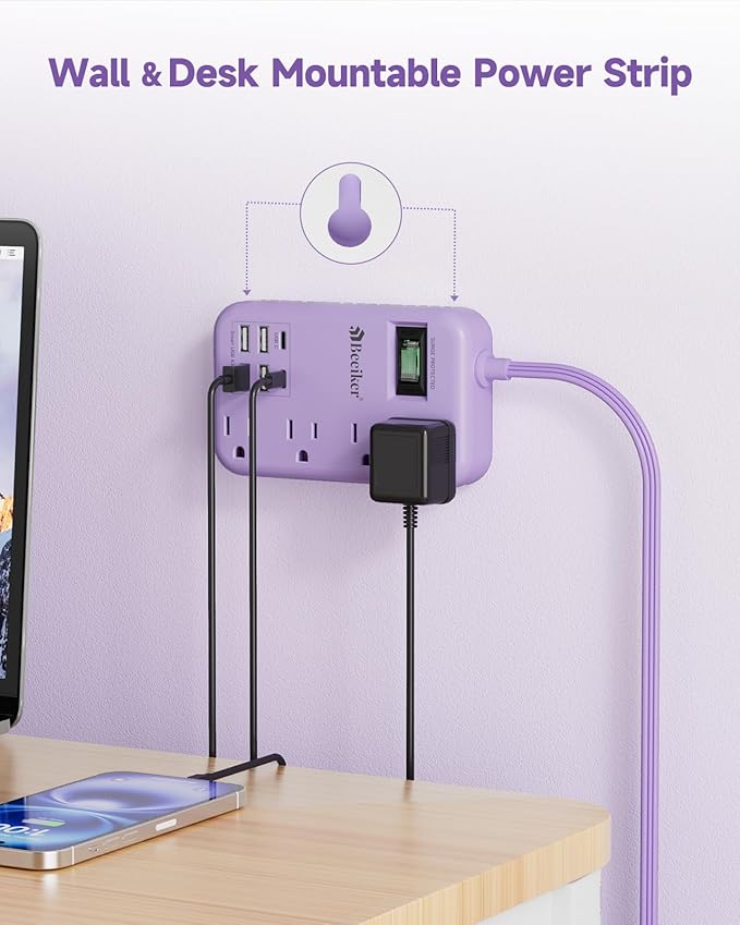 6 USB Purple Travel Power Strip- 5Ft Lavender Extension Cord - Image 7