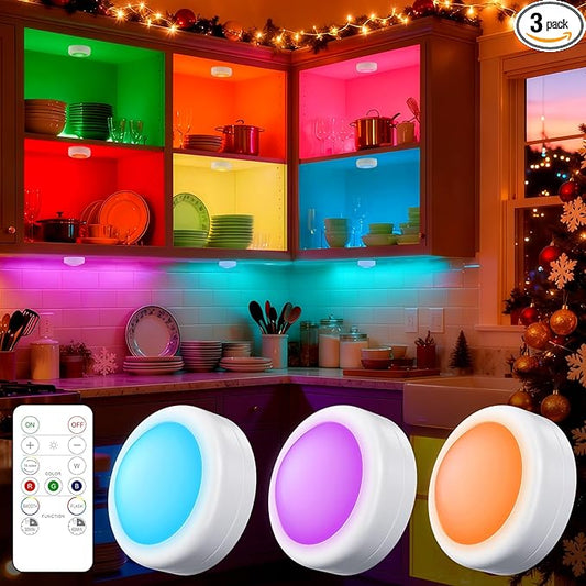 Yiliaw 3 Pack LED Puck Lights Remote Control 16 Color Changeable Under Cabinet by Yiliaw